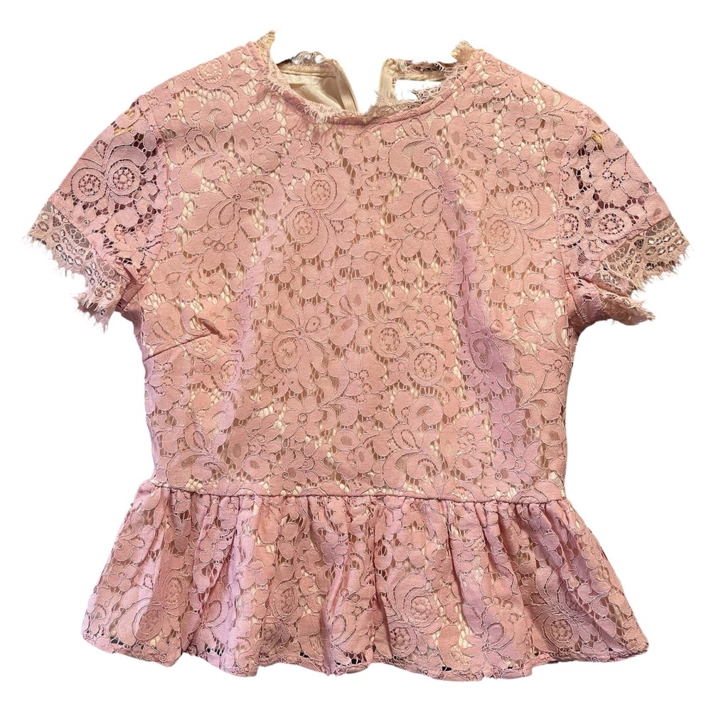 On Twelfth Womens Peplum Top M Pink Lace Floral Short Sleeve Zipper Back Party